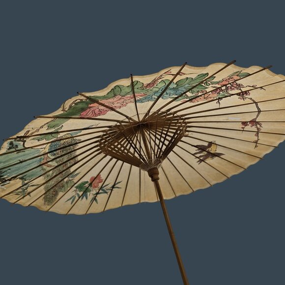 Vintage Asian Paper Parasol With Peacock & Floral Design - Picture 8 of 11
